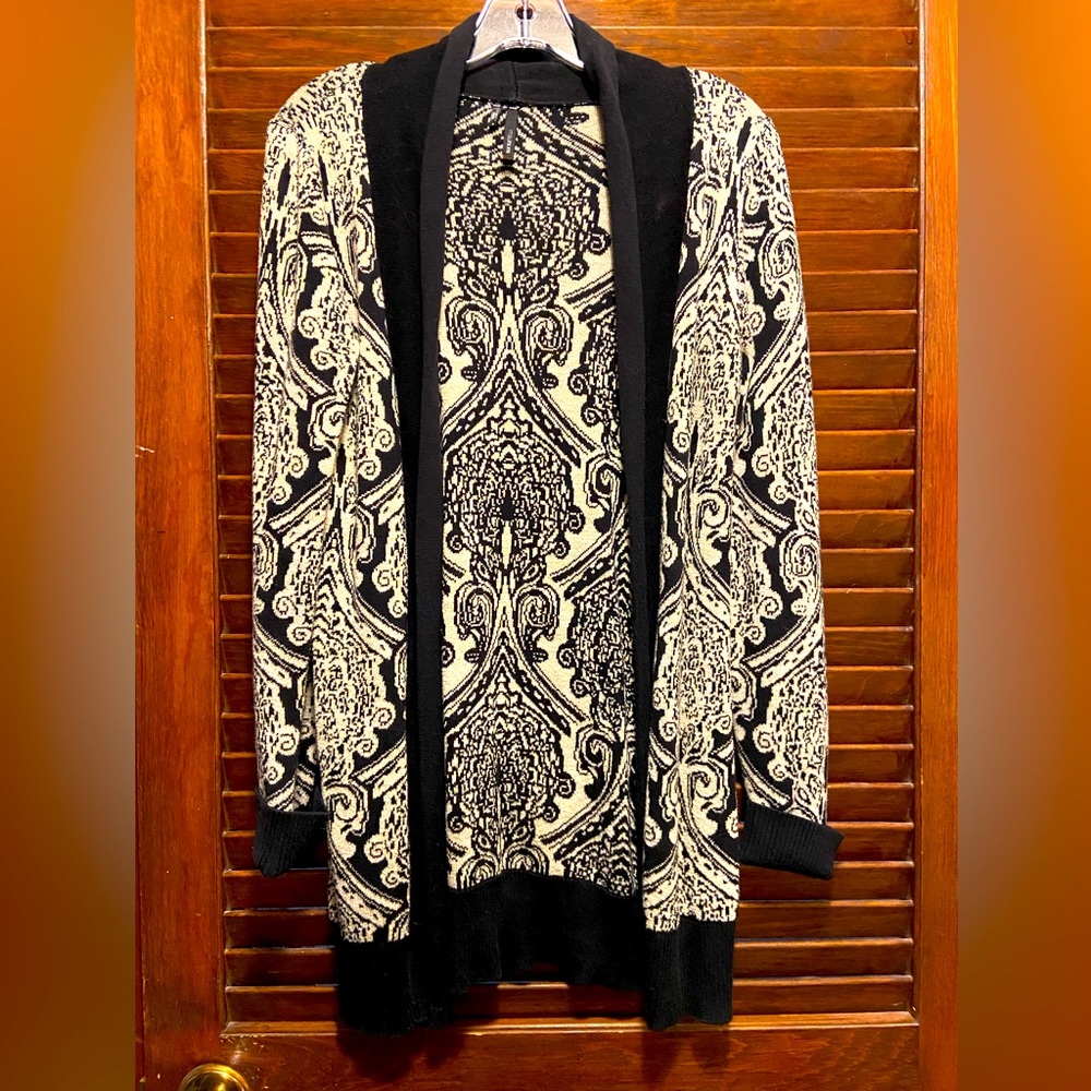 Blk/gold cardigan.93% soft cotton. 30 in. Long.Easily fits small or medium build
